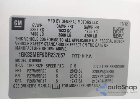 2013 GMC Yukon Xl 1500 Denali z USA, uszkodzony, nr VIN 1GKS2MEF9DR237857